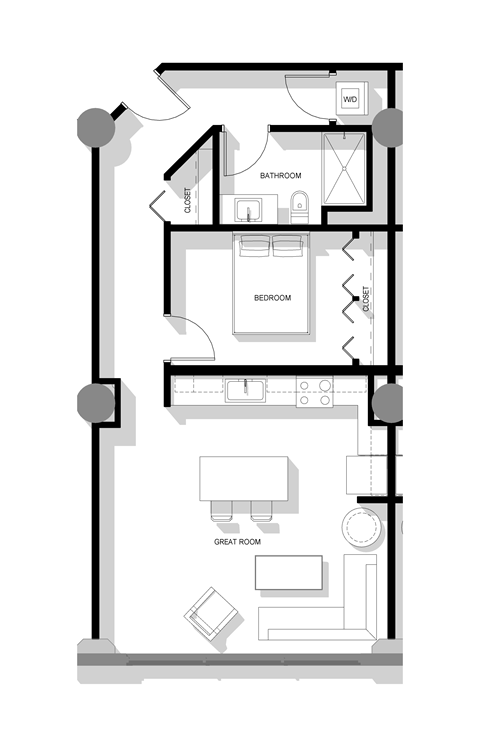 Floor plan for 1 bed, 1 bath, 725 sqft